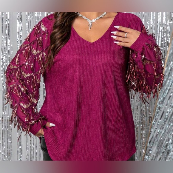 NEW Women's 2X Plus Size Sequin Sleeve Top Raspberry Sparkle Tunic V Neck Sexy - Picture 6 of 8